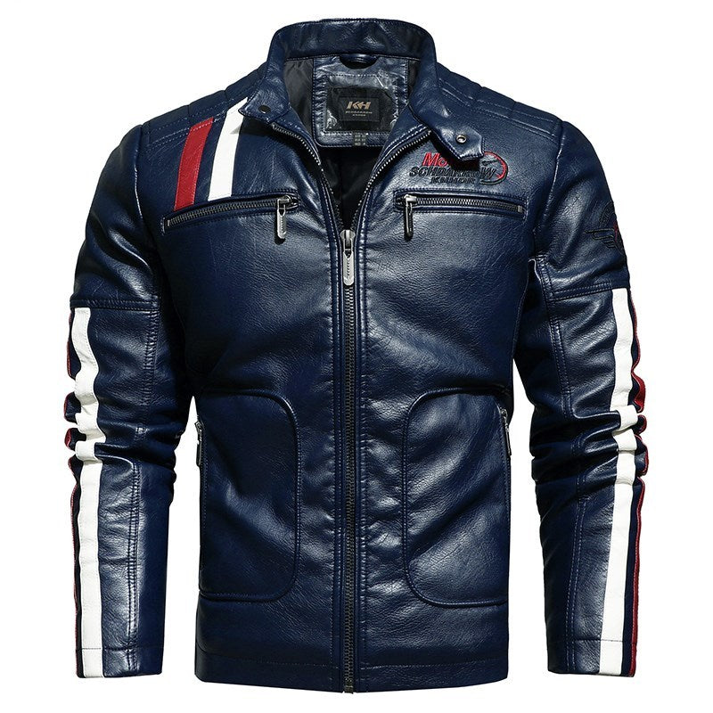 Embroidered slim-fit lapel leather jacket