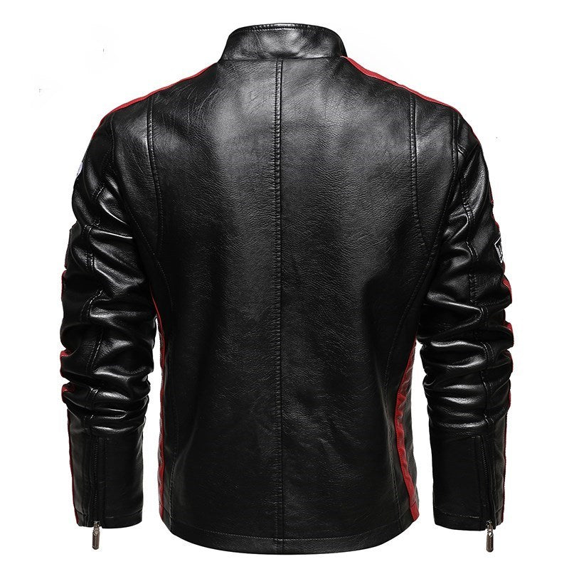 Embroidered slim-fit lapel leather jacket