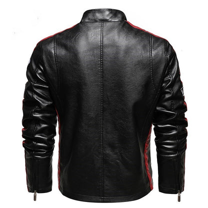 Embroidered slim-fit lapel leather jacket