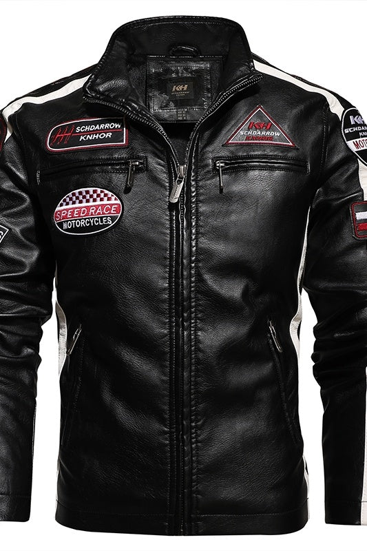 Embroidered slim-fit lapel leather jacket