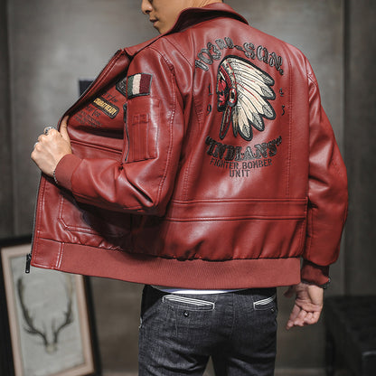 Men's Pu Leather Jacket Men's Lapel Embroidery Motorcycle Jacket