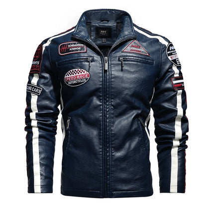 Embroidered slim-fit lapel leather jacket