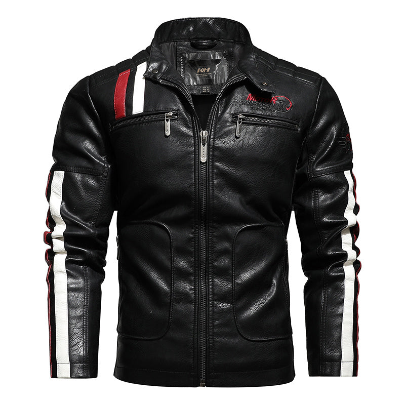 Embroidered slim-fit lapel leather jacket