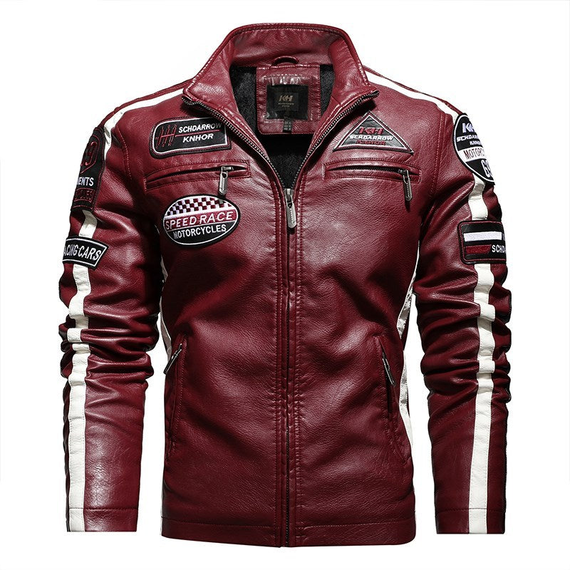 Embroidered slim-fit lapel leather jacket