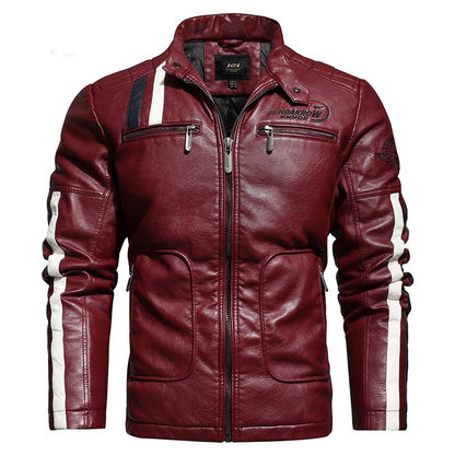 Embroidered slim-fit lapel leather jacket