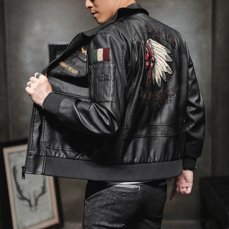 Men's Pu Leather Jacket Men's Lapel Embroidery Motorcycle Jacket